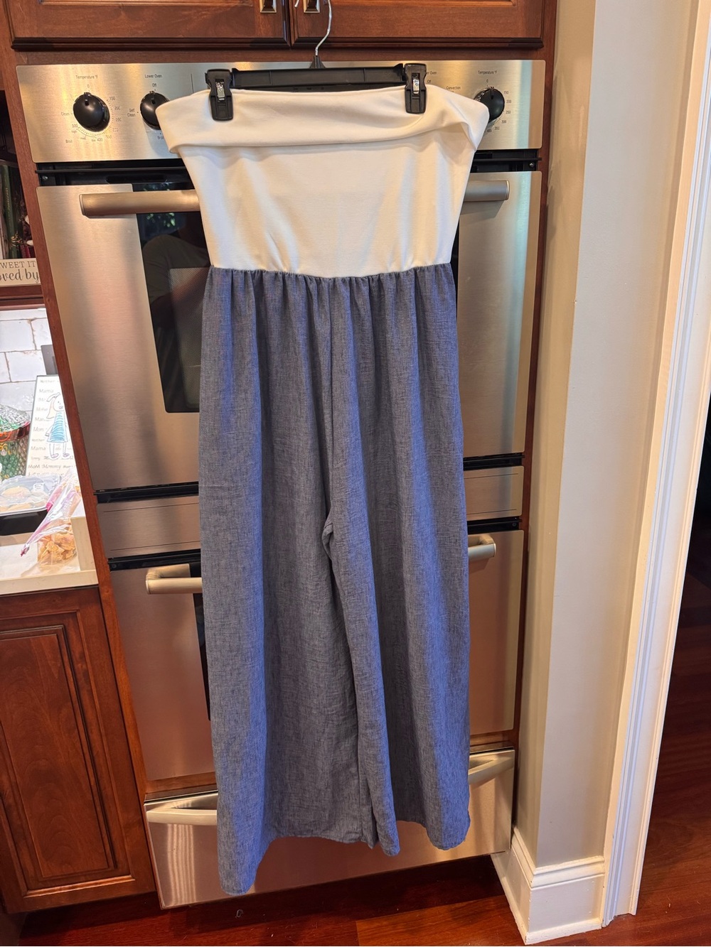 BUCKETLIST White and Chambray Strapless Wide-Leg Jumpsuit